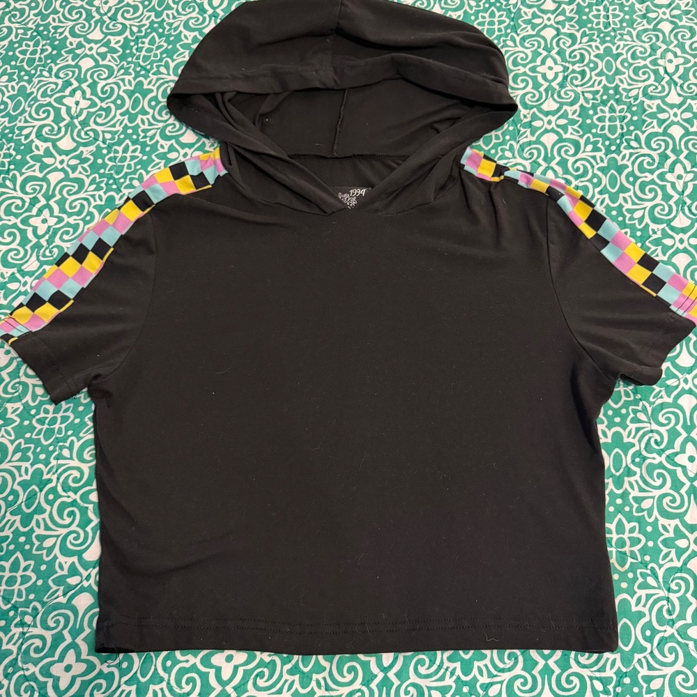 Dazl Girls Black Checkered‎ Stripe Short Sleeve Hooded Crop Top Size L